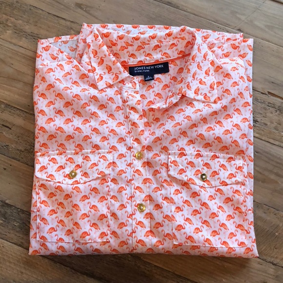 Flamingo Print Button-Down Blouse - Picture 2 of 6